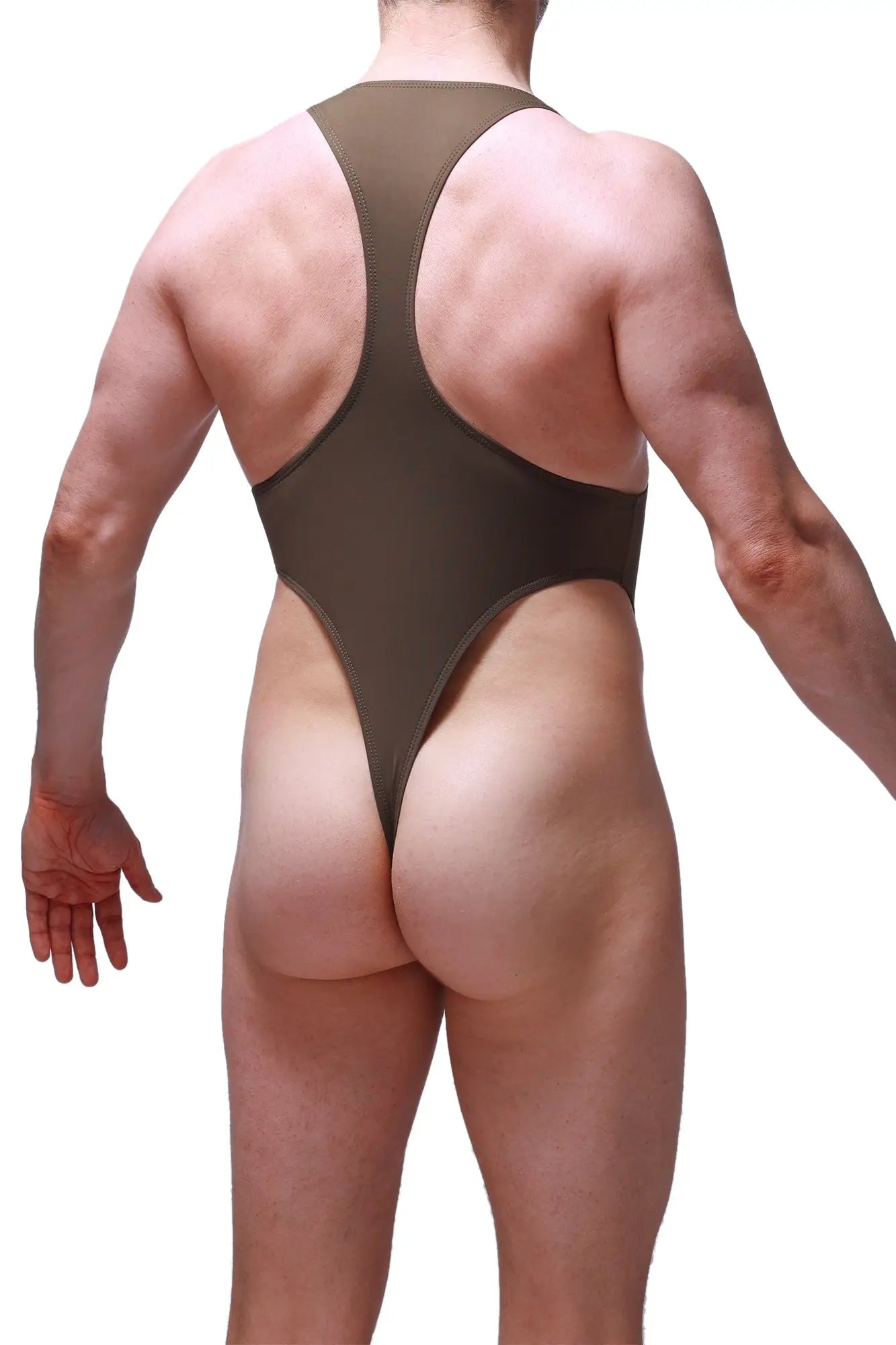 PetitQ Bodythong Journy olive sleek olive green one-piece swimsuit with high-cut legs and racerback straps