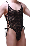 Black lace bodysuit with floral pattern and adjustable side ties from petitq bodythong lacets lace black collection