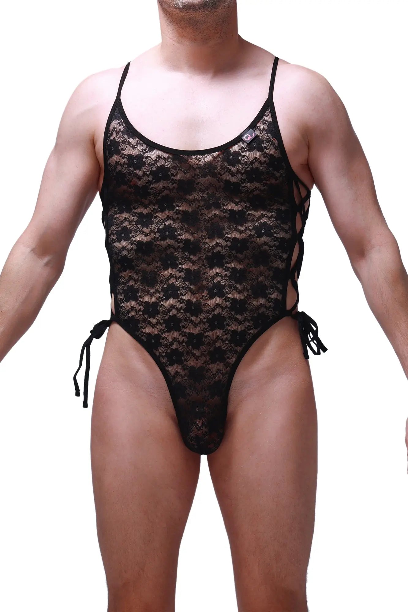 PetitQ Bodythong lacets lace black black lace one-piece swimsuit with intricate floral patterns and adjustable side ties