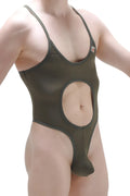 Olive green petitq bodythong lihac plum one-piece swimsuit with midsection cutout and separate pouch design