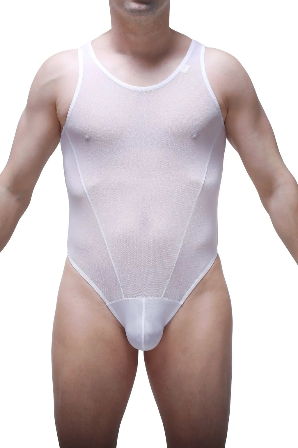 White sheer mesh one-piece swimsuit petitq bodythong liry net white with rounded neckline and high-cut legs