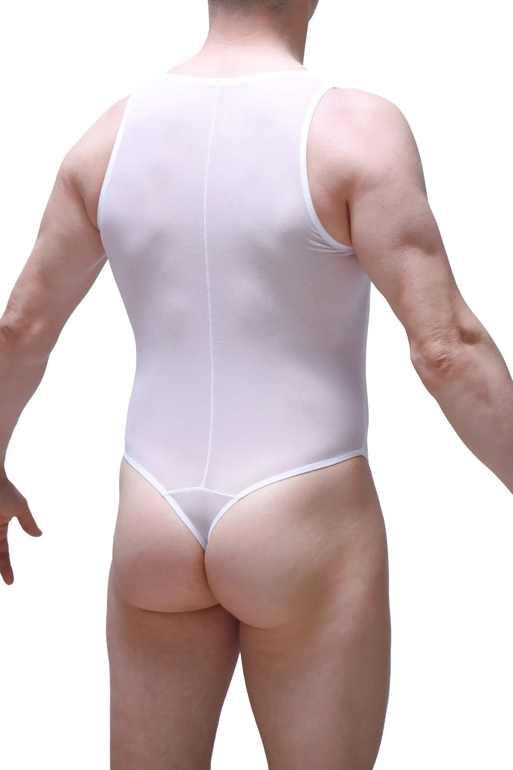 White sheer one-piece PetitQ bodythong Liry net bodysuit with back seam and thong-style bottom shown from back side
