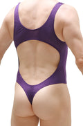 Back view of petitq bodythong nexon bee purple mesh one-piece swimsuit with a cutout back design