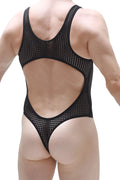 Black mesh one-piece swimsuit petitq bodythong nexon durtol with cutout back and thong bottom shown from back side