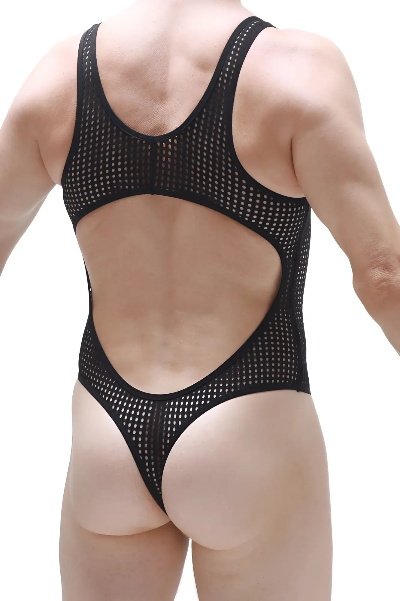 Black mesh one-piece swimsuit petitq bodythong nexon durtol with cutout back and thong bottom shown from back side