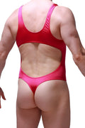 A vibrant red petitq bodythong nexon joe framboise swimsuit with a cutout back and thin shoulder straps shown from the back