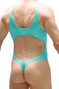 Turquoise petitq bodythong nexon joe green one-piece swimsuit with a cutout back design shown from the back