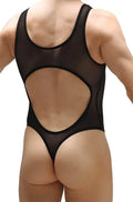 Back view of petitq bodythong nexon net black sheer mesh one-piece swimsuit with large circular cutout and black trim