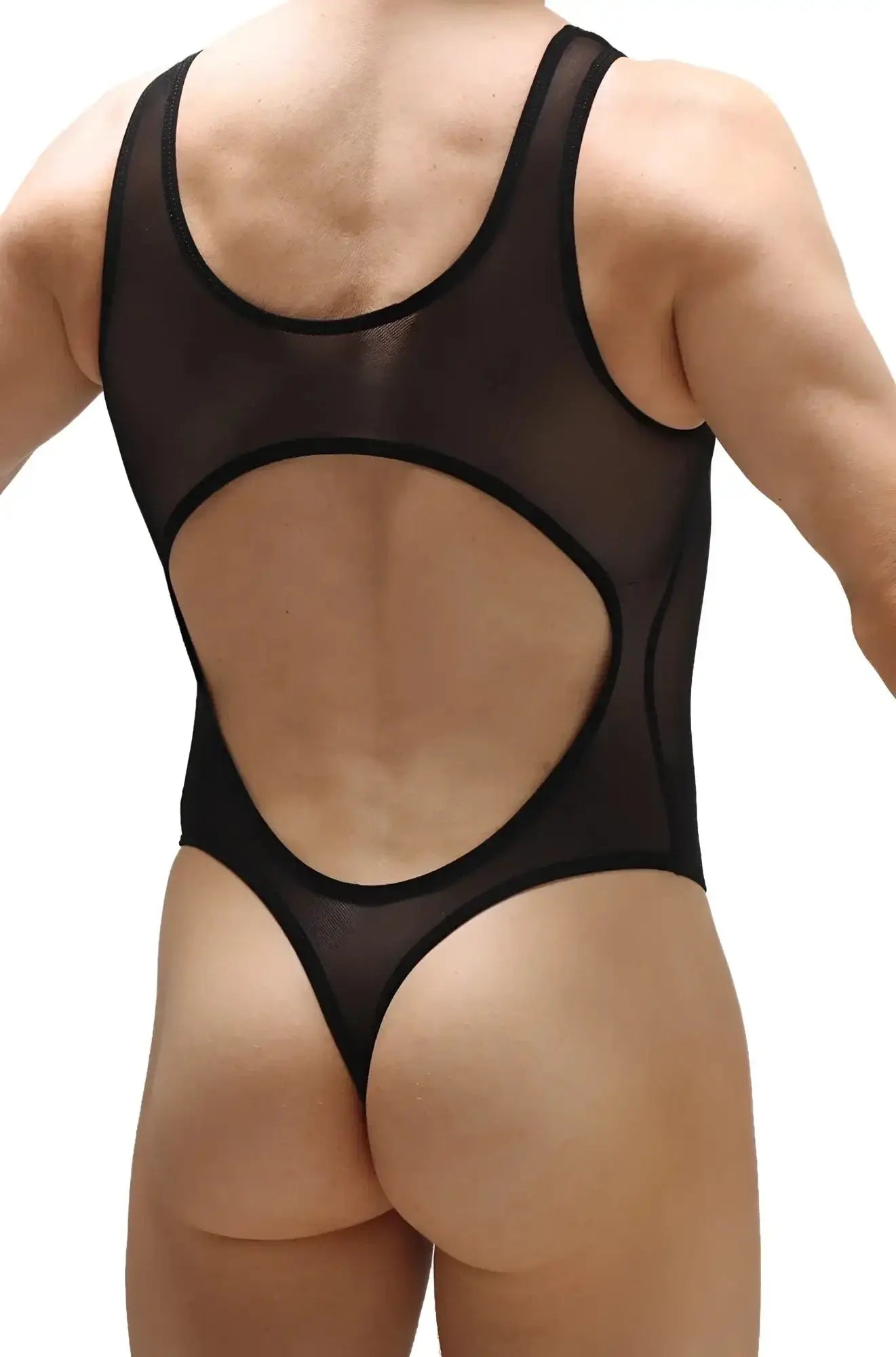 Back view of petitq bodythong nexon net black sheer mesh one-piece swimsuit with large circular cutout and black trim