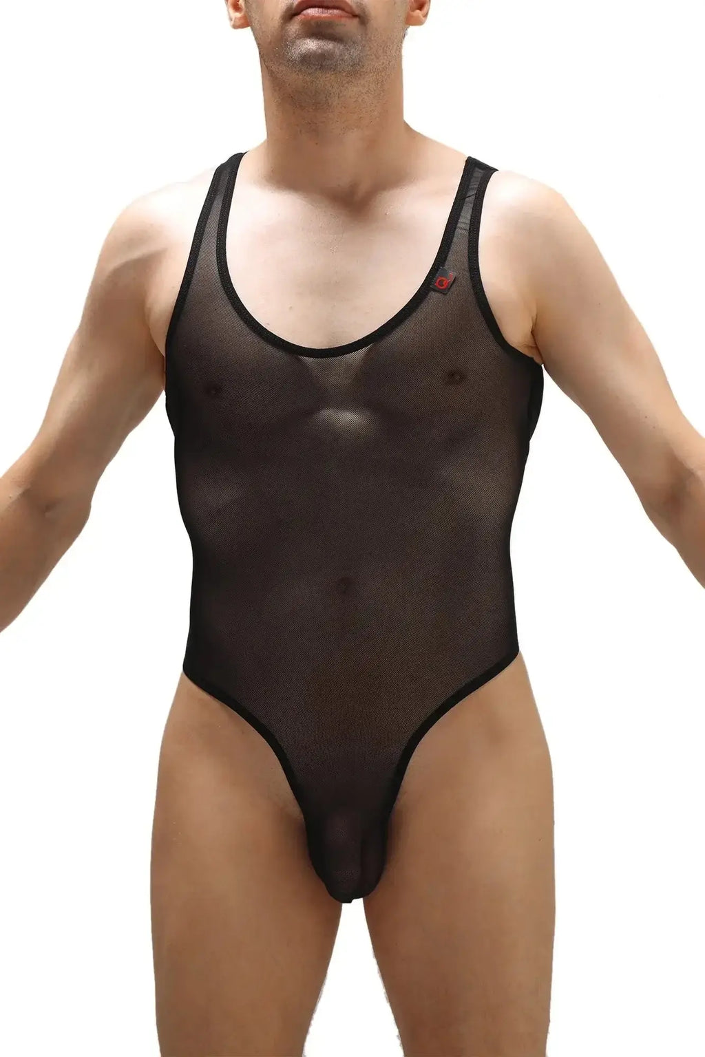 Black sheer mesh one-piece swimsuit with black trim and small red logo on upper left chest by PetitQ Bodythong Nexon
