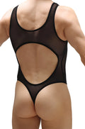 Back view of petitq bodythong nexon net black sheer mesh one-piece swimsuit with large circular cutout and black trim