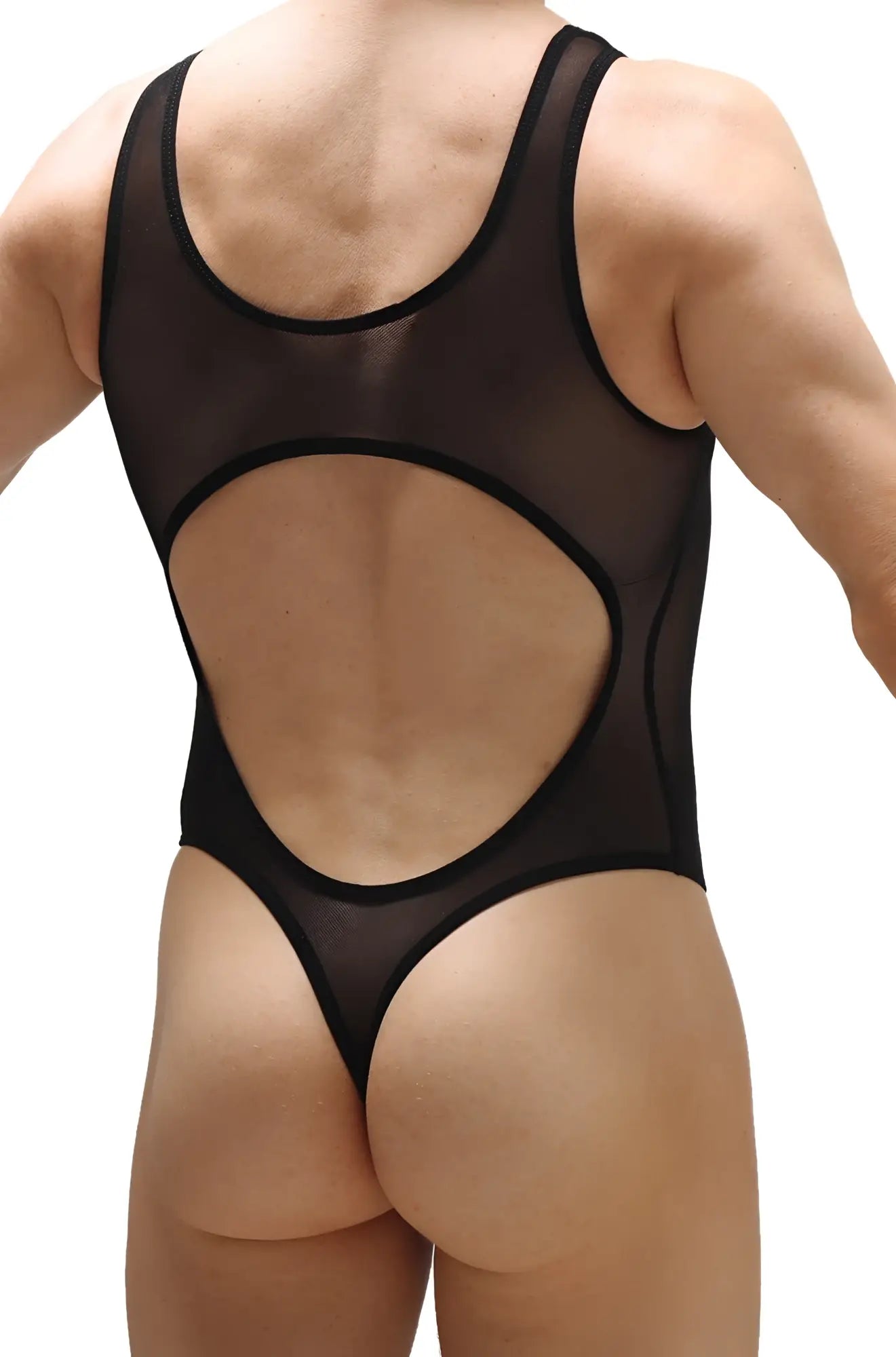 Back view of petitq bodythong nexon net black sheer mesh one-piece swimsuit with large circular cutout and black trim