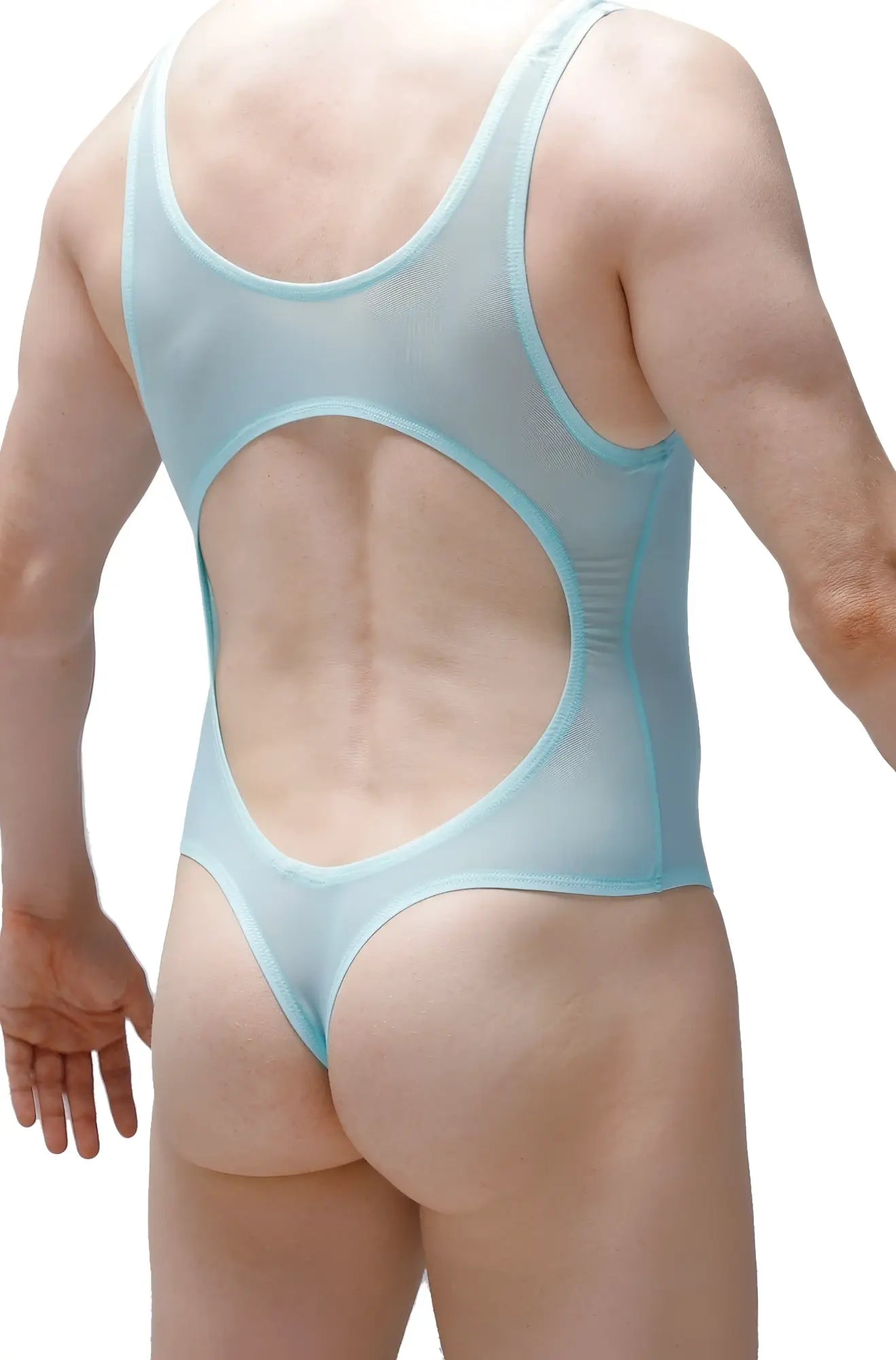 Back view of petitq bodythong nexon net green light blue sheer mesh one-piece swimsuit with large circular cutout and thin straps