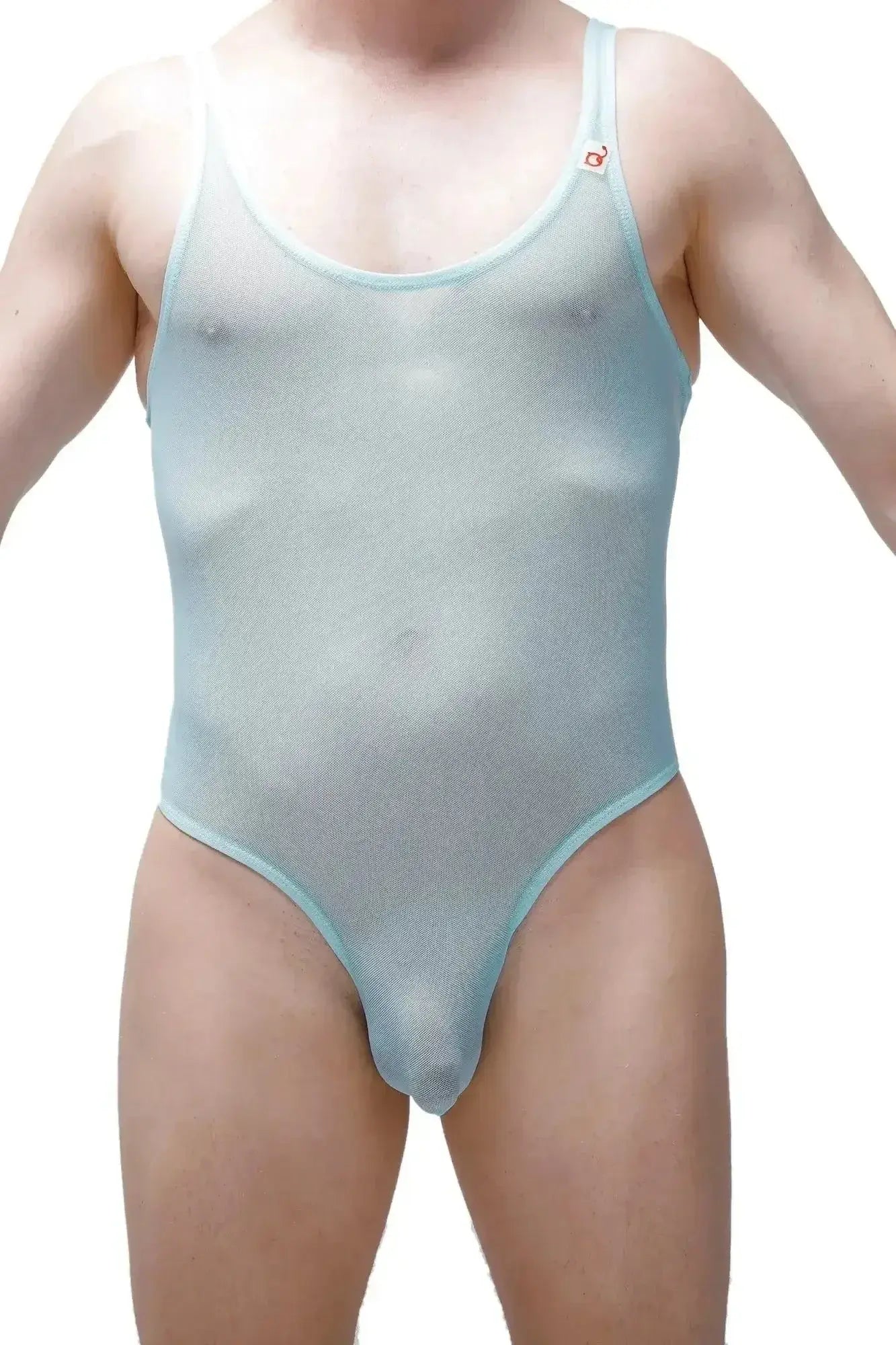 PetitQ bodythong Nexon net green translucent light blue mesh one-piece swimsuit with thin straps and rounded neckline