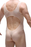 Beige stretchy petitq bodythong nexon net nude one-piece swimsuit with large back cutout and high-cut leg design back view