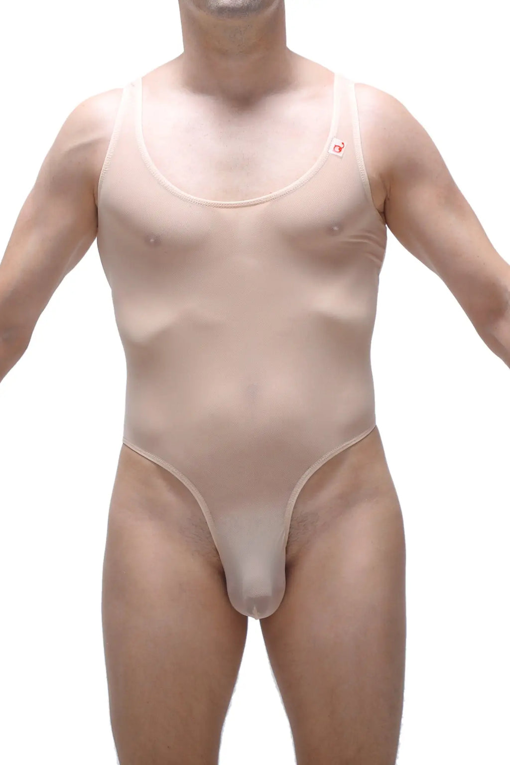 Sheer beige bodysuit with thin straps and high cut leg design petitq bodythong nexon net nude