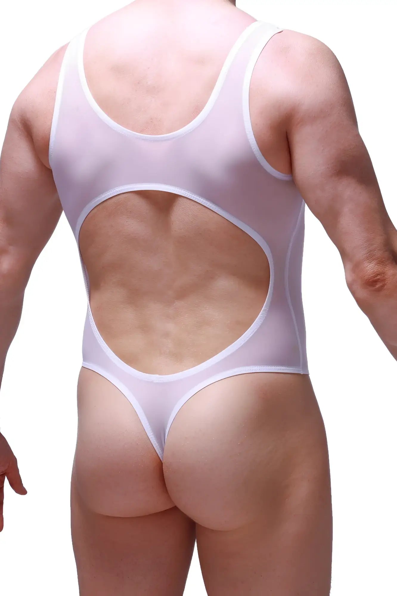 Back view of petitq bodythong nexon net white sheer one-piece swimsuit with cutout back and thong bottom