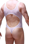 Back view of petitq bodythong nexon net white sheer one-piece swimsuit with cutout back and thong bottom