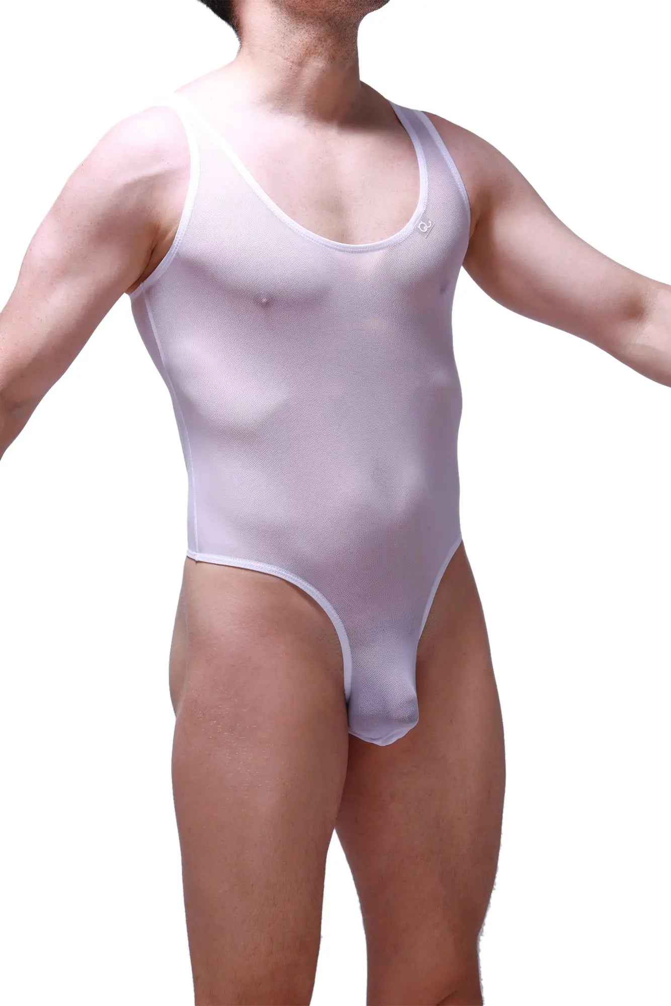 PetitQ Bodythong Nexon Net white translucent one-piece swimsuit with scoop neckline and high-cut legs