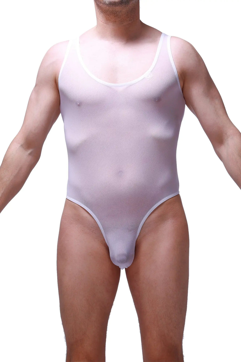 PetitQ Bodythong Nexon Net white translucent one-piece swimsuit with thin straps and high-cut leg design