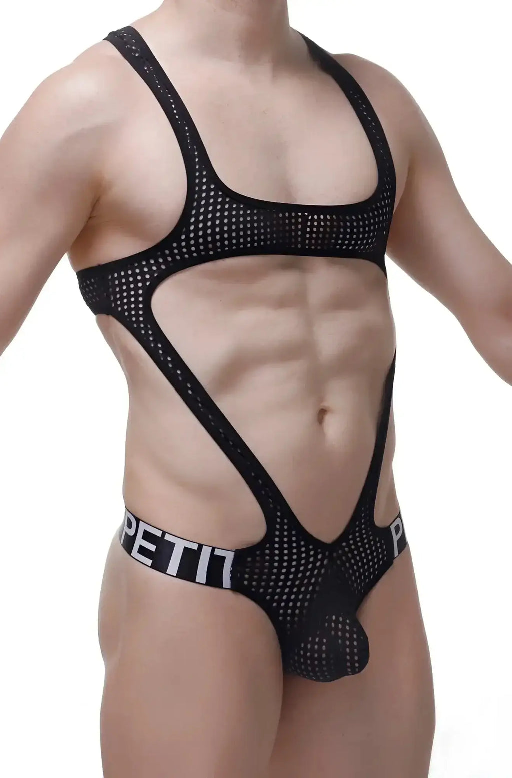Black mesh bodysuit with cut-out design and petit branding on waistband petitq bodythong oze durtol black
