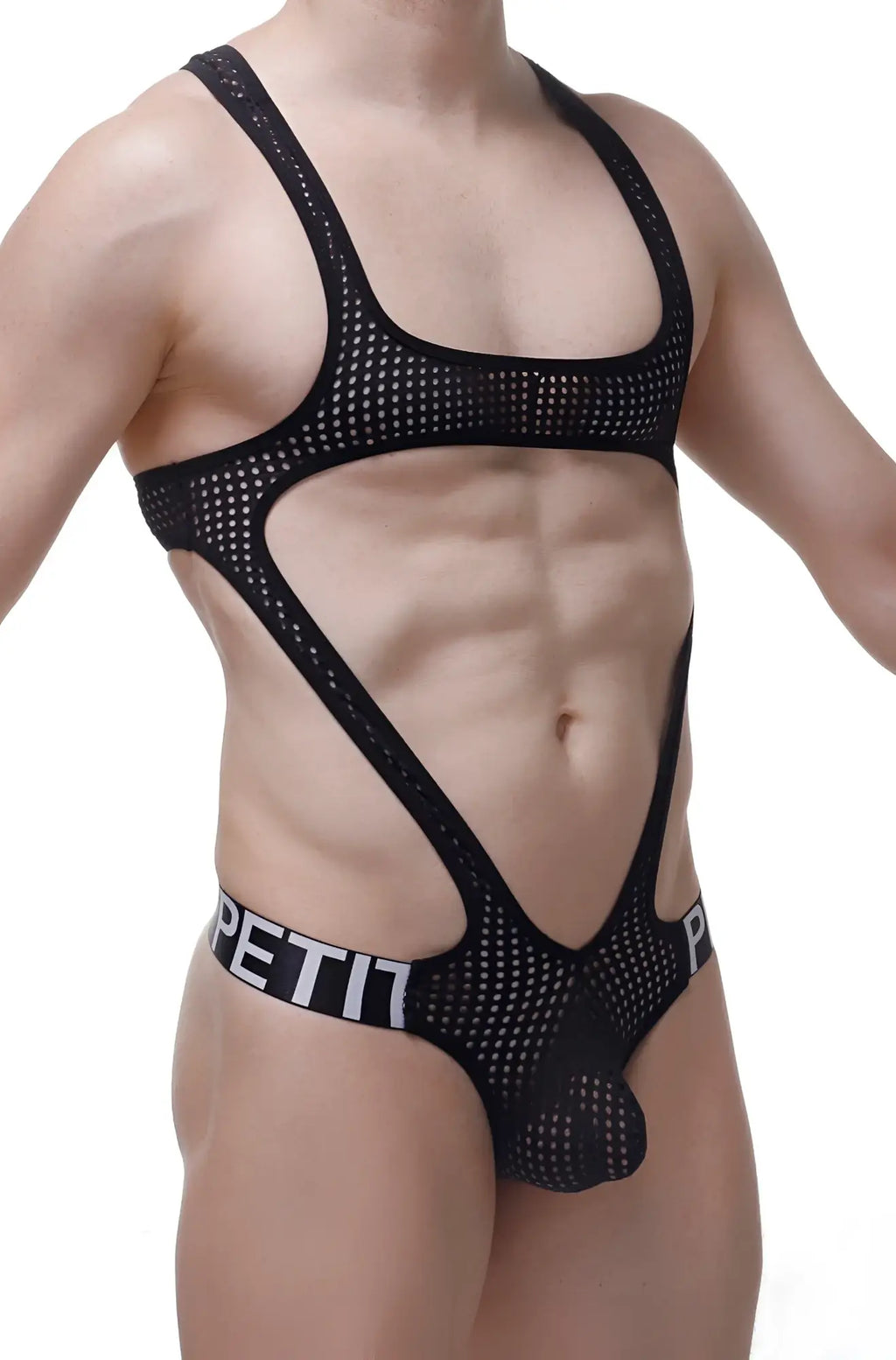 Black mesh bodysuit with cut-out design and petit branding on waistband petitq bodythong oze durtol black