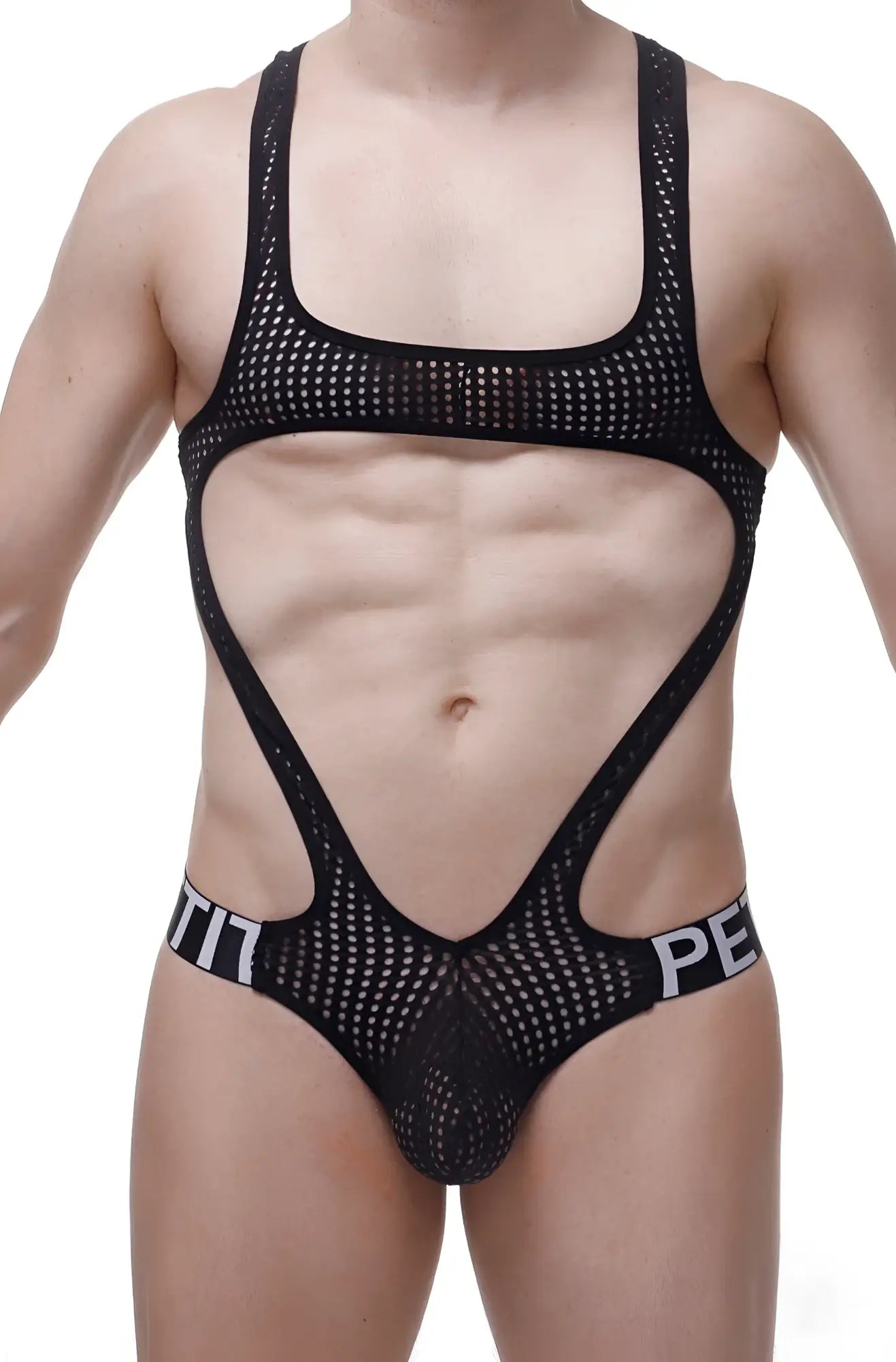 Black mesh bodysuit petitq bodythong oze durtol with cutout design and branded waistband in black color