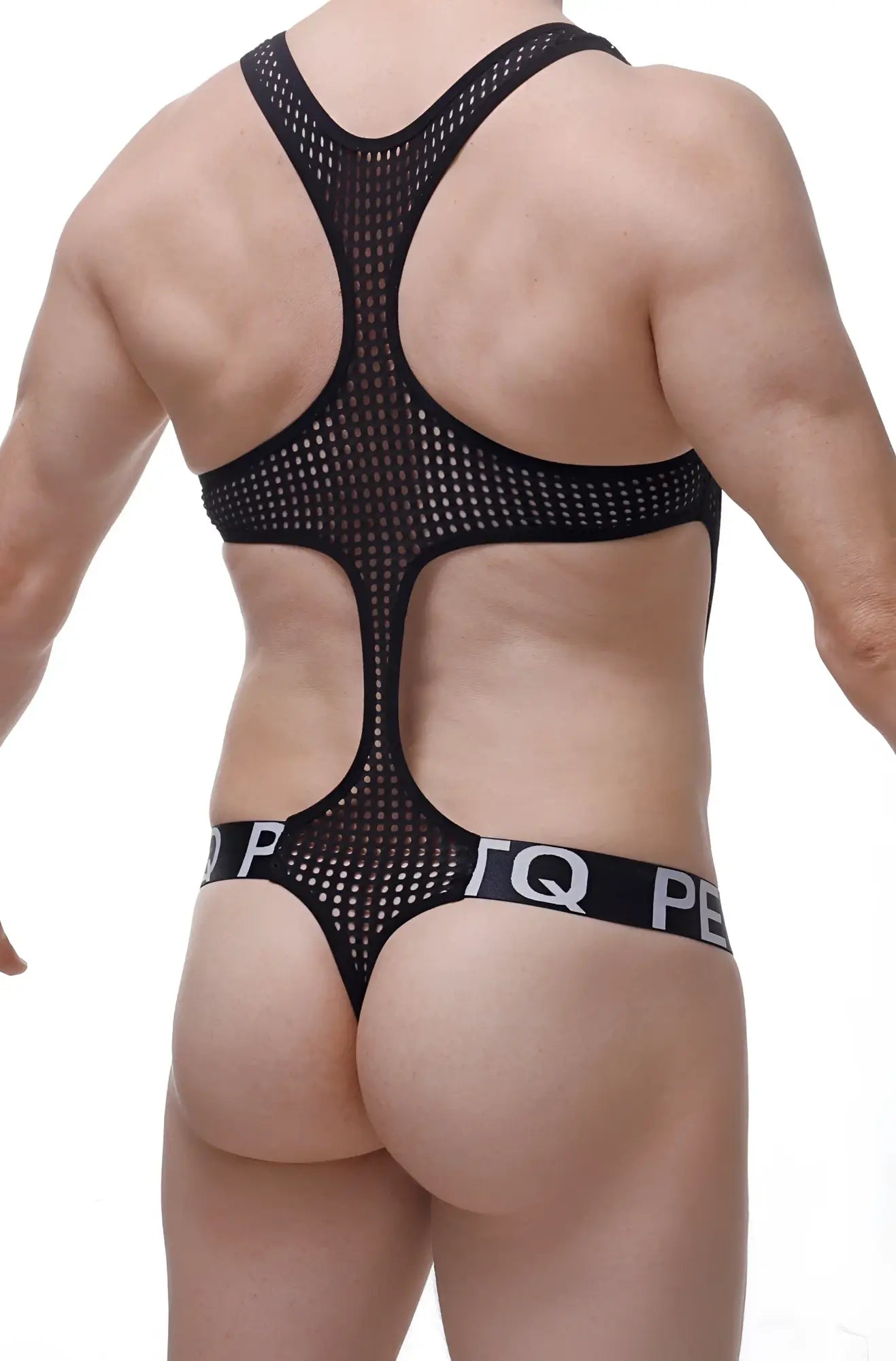 Black mesh bodysuit with cutout back and white lettering waistband from petitq bodythong oze durtol black
