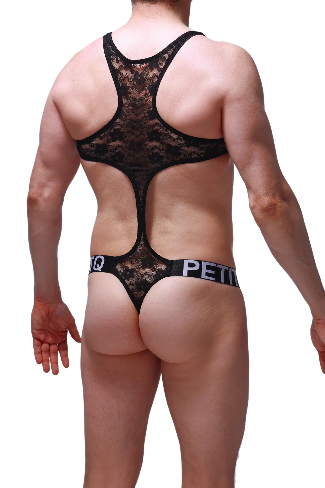Black lace PetitQ bodythong with cutout back and branded waistband in black lace material visible from the back side