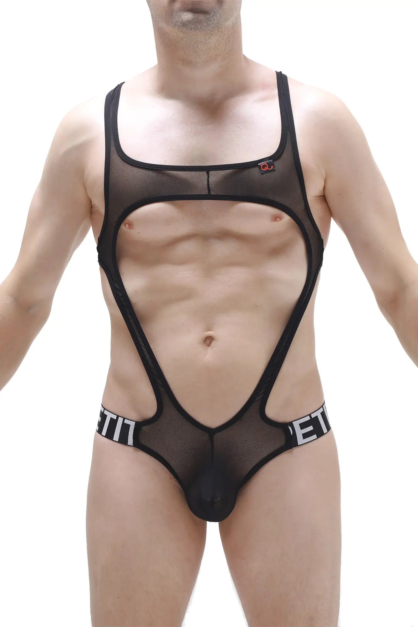 PetitQ bodythong Oze net black sheer mesh bodysuit with bold trim and distinctive cutout design front view