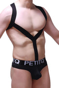 Black petitq bodythong ozel briefs with y-shaped strap design across the torso in sleek fabric