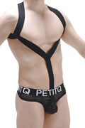 Black mesh petitq bodythong ozel durtol with bold logo band and matching shoulder straps visible from front