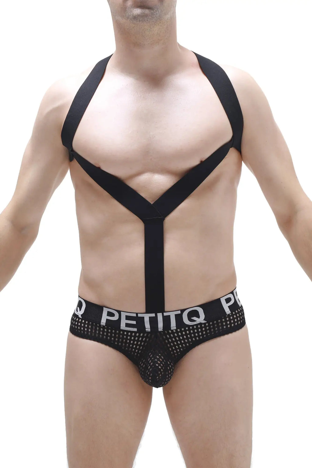 Black mesh briefs with bold petitq logo band and matching black shoulder straps forming x-shape across chest