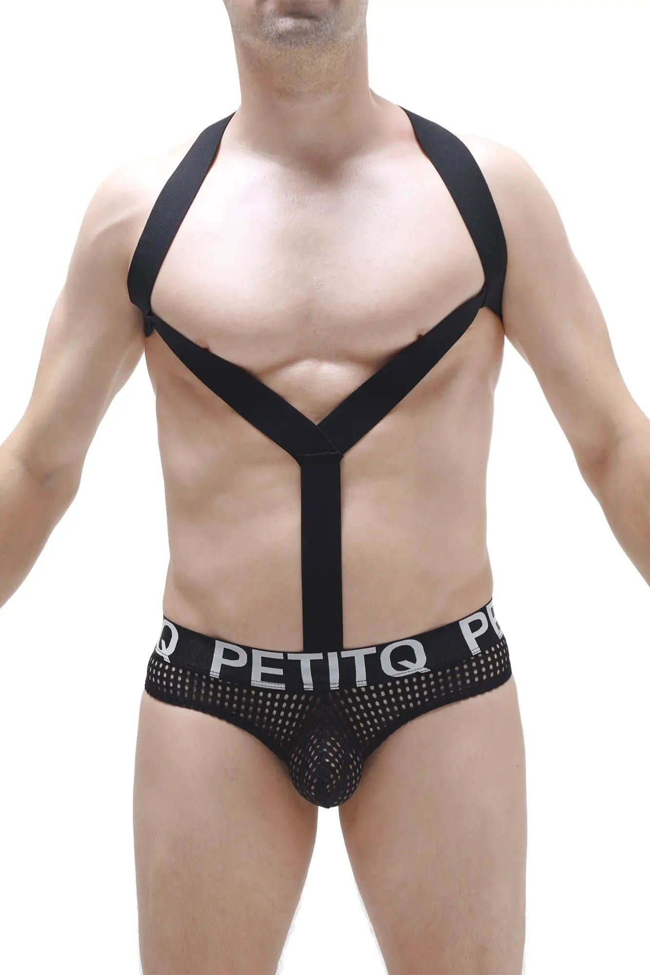 Black mesh briefs with bold petitq logo band and matching black shoulder straps forming x-shape across chest