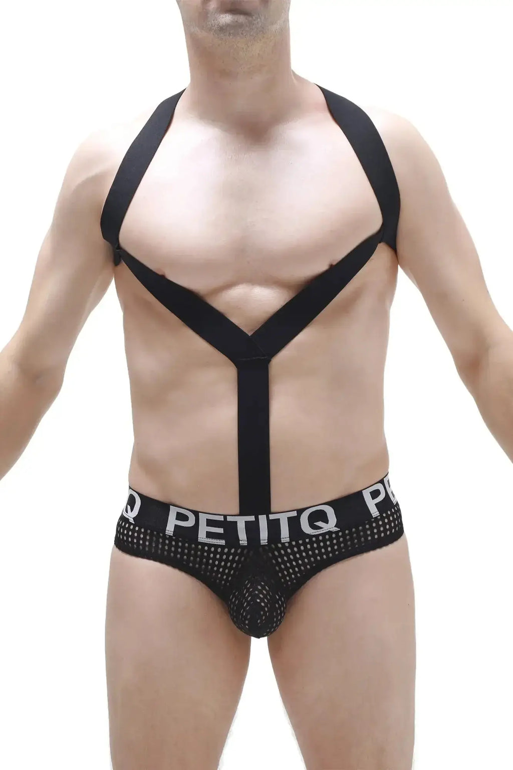 Black mesh briefs with bold petitq logo band and matching black shoulder straps forming x-shape across chest