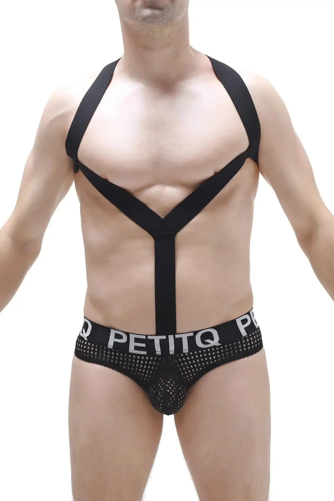 Black mesh briefs with bold petitq logo band and matching black shoulder straps forming x-shape across chest
