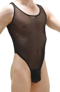 PetitQ bodythong Pencran black sheer mesh one-piece bodysuit with black trim showing front view