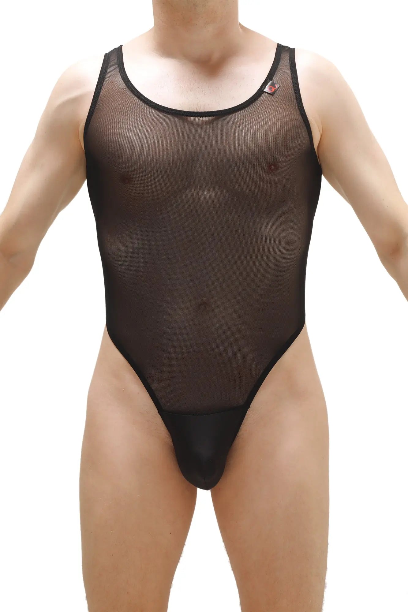 Black sheer mesh one-piece swimsuit with black trim petitq bodythong pencran black