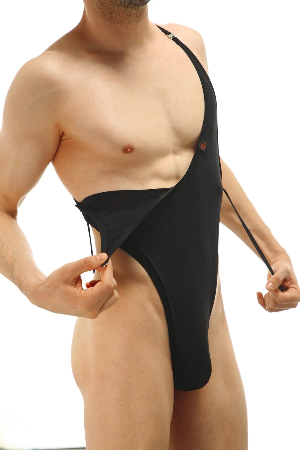 Black one-piece swimsuit PetitQ BodyThong Tarare with a high-cut leg and adjustable shoulder straps for women