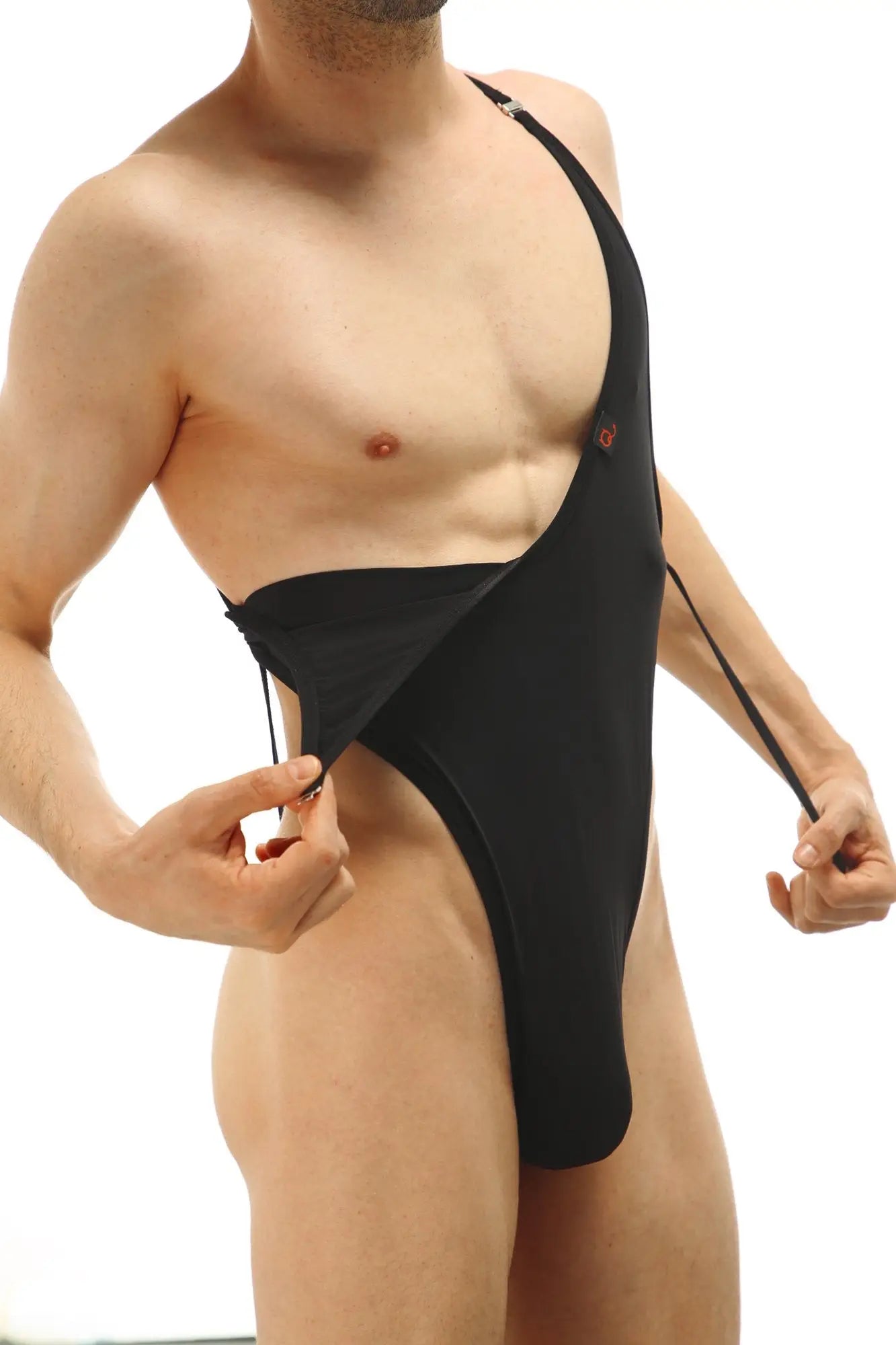 Black one-piece swimsuit PetitQ BodyThong Tarare with a high-cut leg and adjustable shoulder straps for women