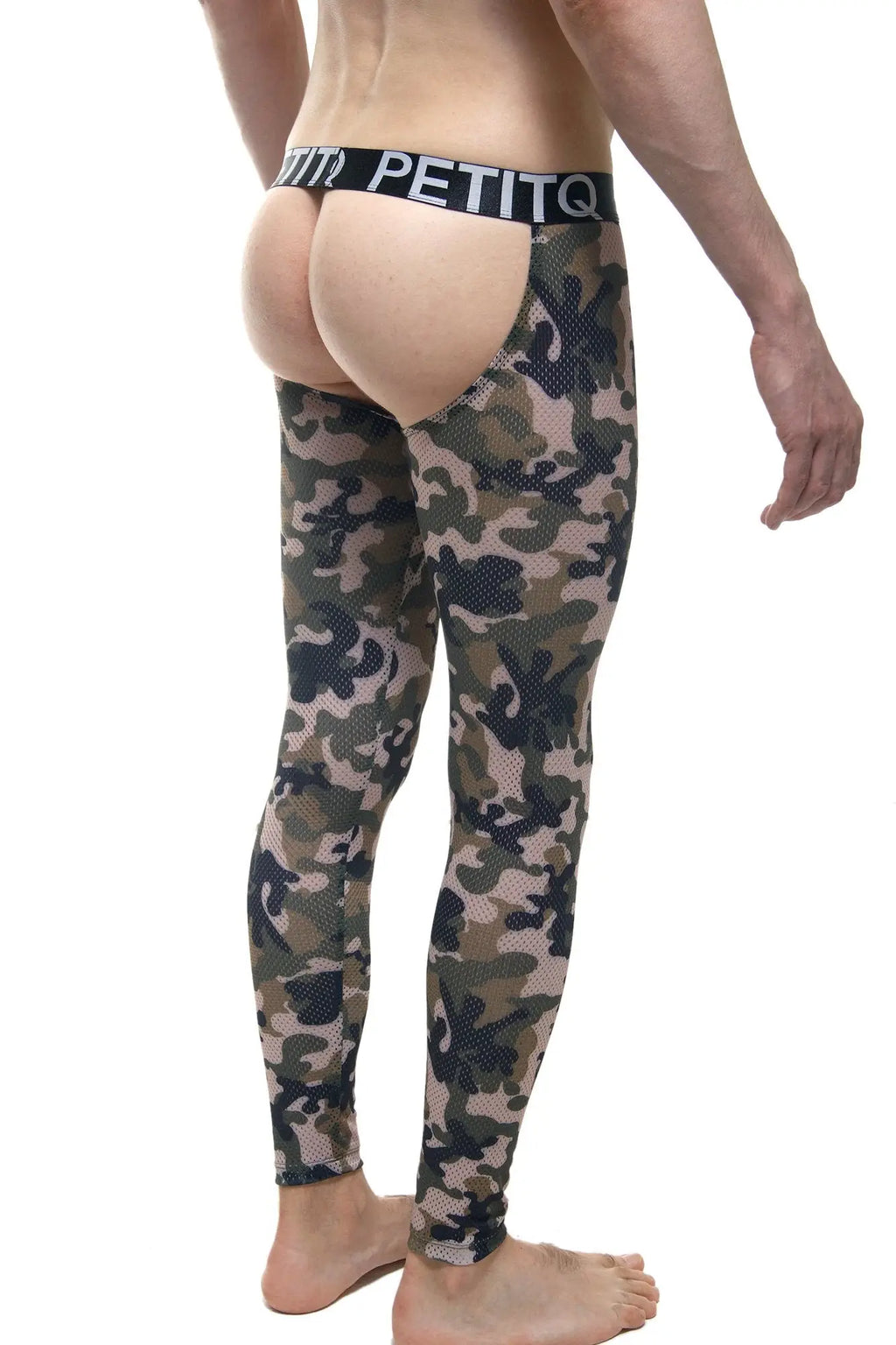 PetitQ bottomless long john camo leggings in camouflage pattern with a black waistband featuring the PetitQ brand name