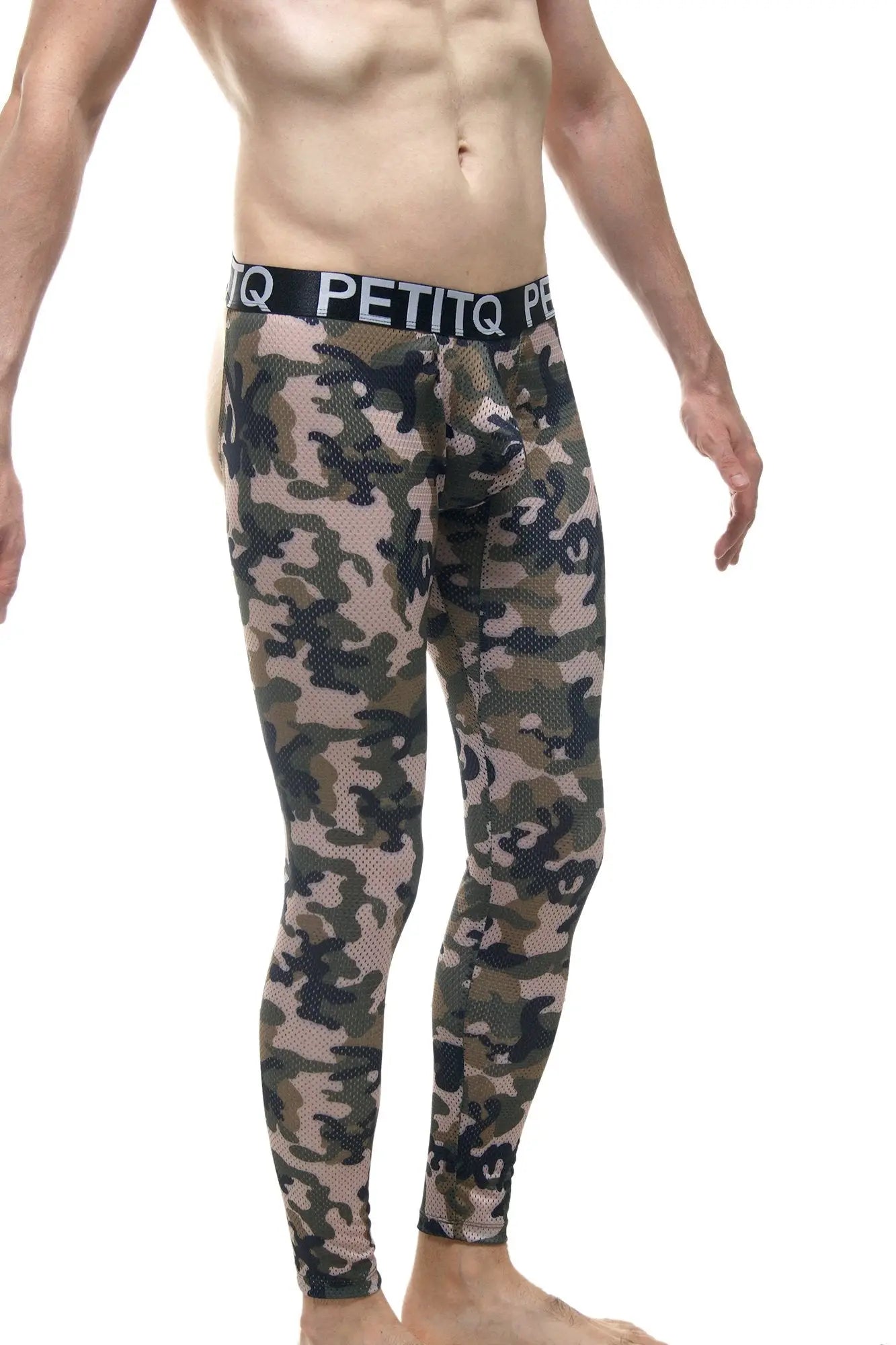 Camouflage-patterned petiteq bottomless long john camo leggings with black waistband made from breathable green mesh material