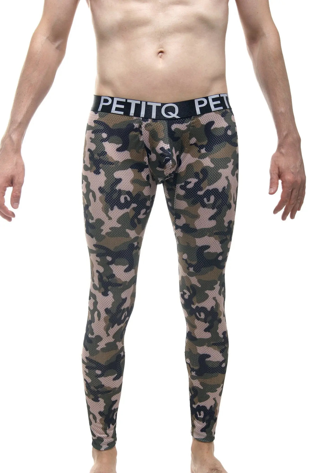 PetitQ bottomless long john camo leggings with a black waistband featuring petitq branding in white letters