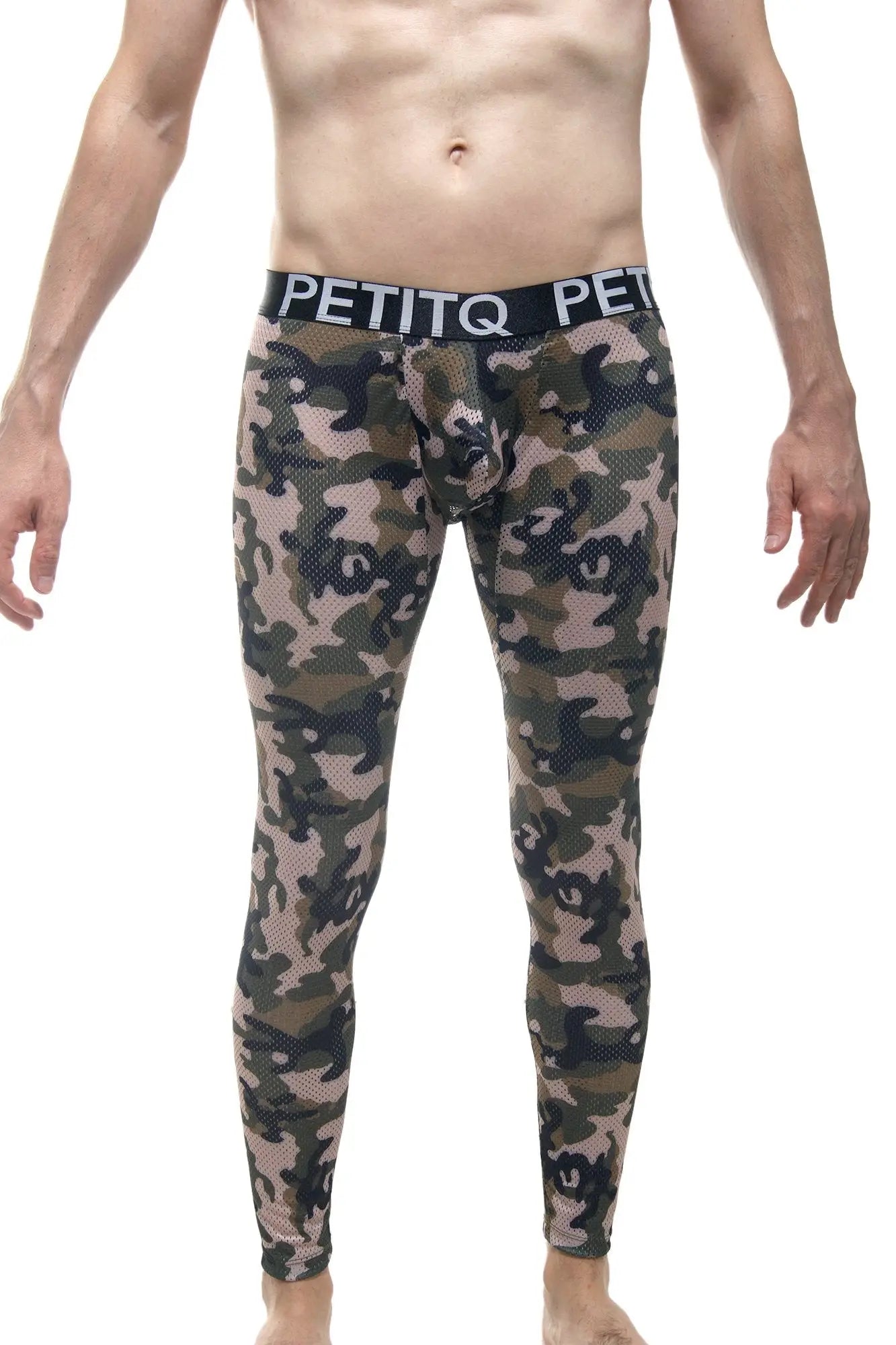 PetitQ bottomless long john camo leggings with a black waistband featuring petitq branding in white letters