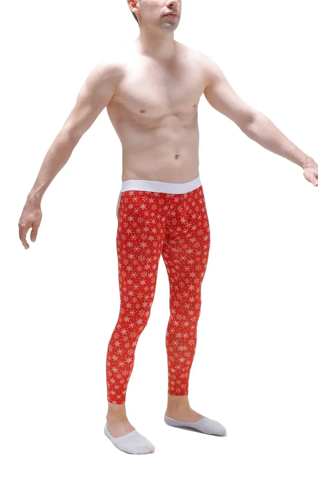 Red PetitQ bottomless long john leggings with white snowflake pattern and solid white waistband for winter wear