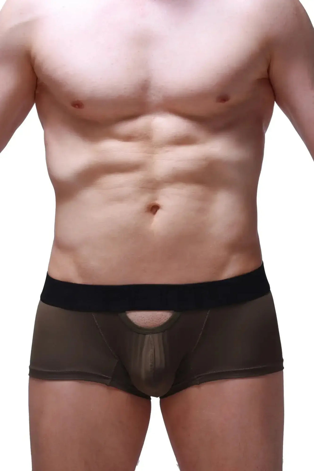 Petitq boxer aguts olive black mesh briefs with solid black waistband showing the front side of the product
