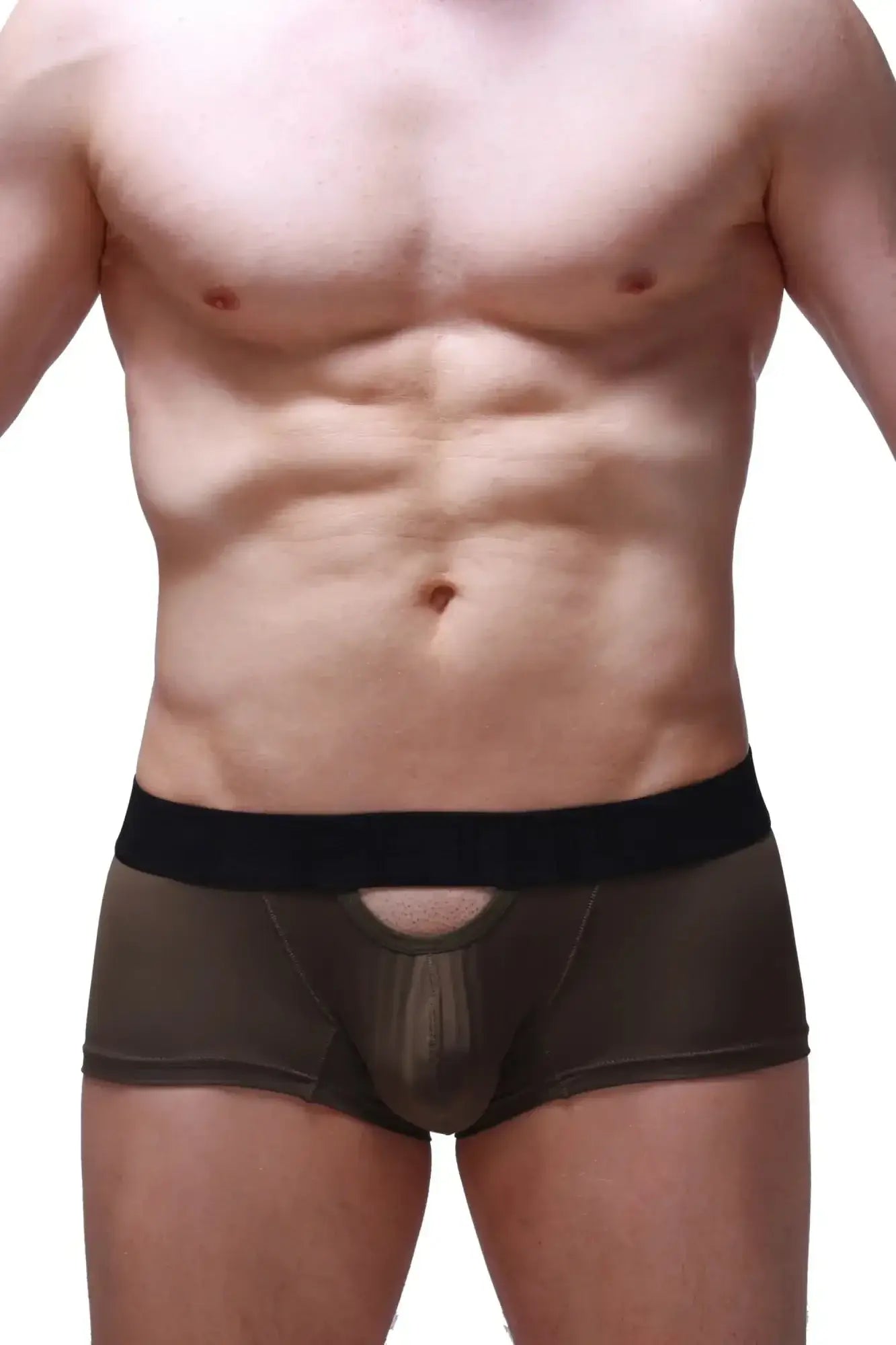 Petitq boxer aguts olive black mesh briefs with solid black waistband showing the front side of the product