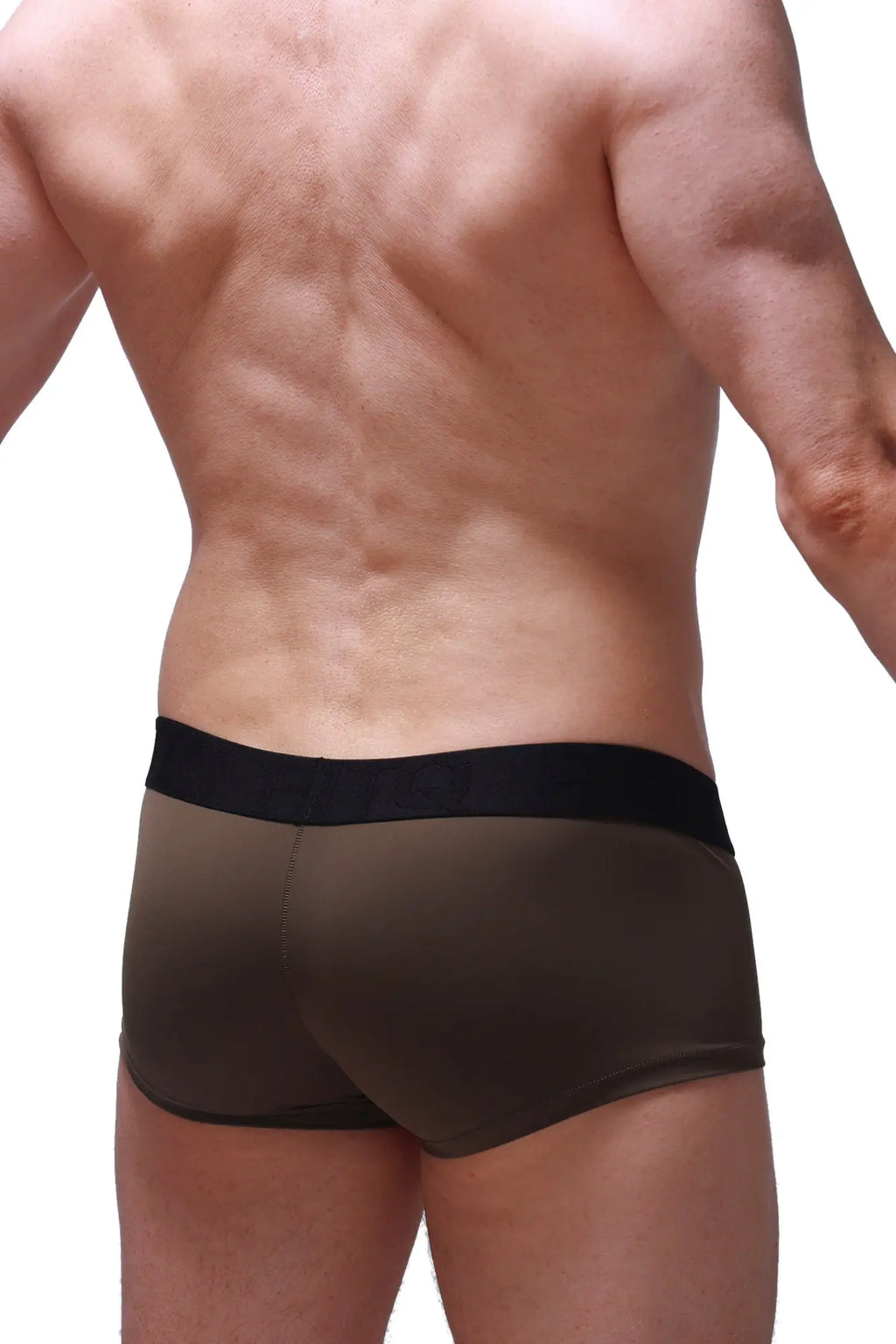 Brown PetitQ boxer briefs with black elastic waistband designed for athletic comfort and support