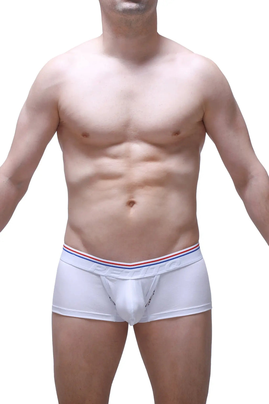 White petitq boxer algun briefs with red white and blue striped waistband made from soft cotton fabric
