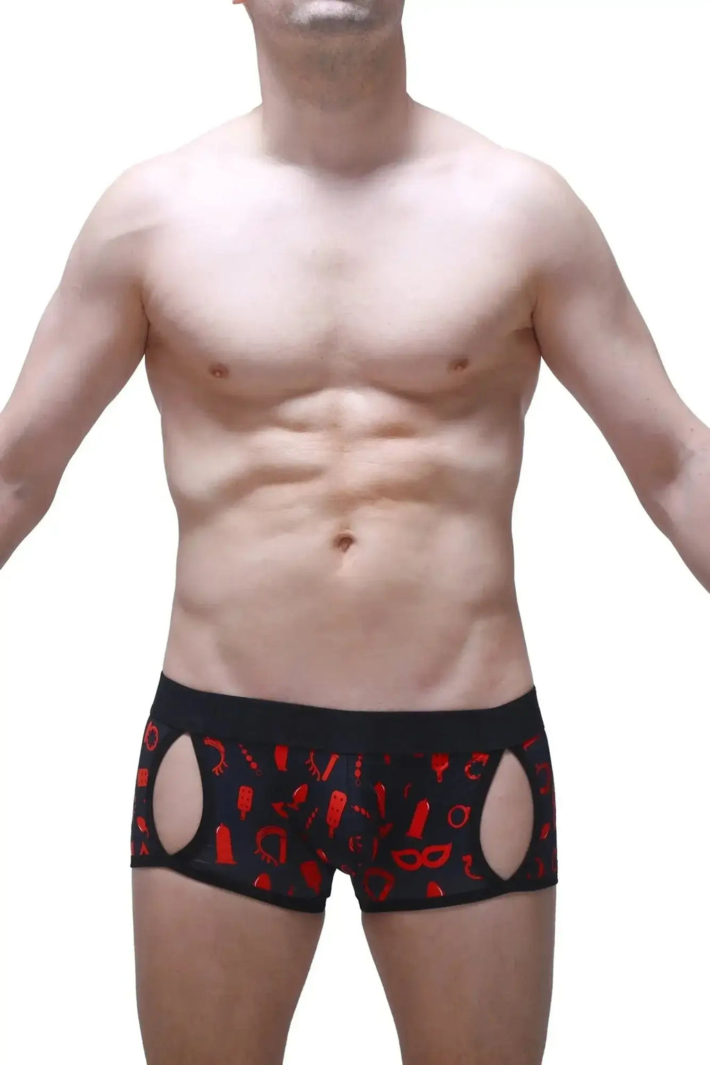 Black men’s briefs petitq boxer anzex boudoir with red cut-out patterns and side openings in front view